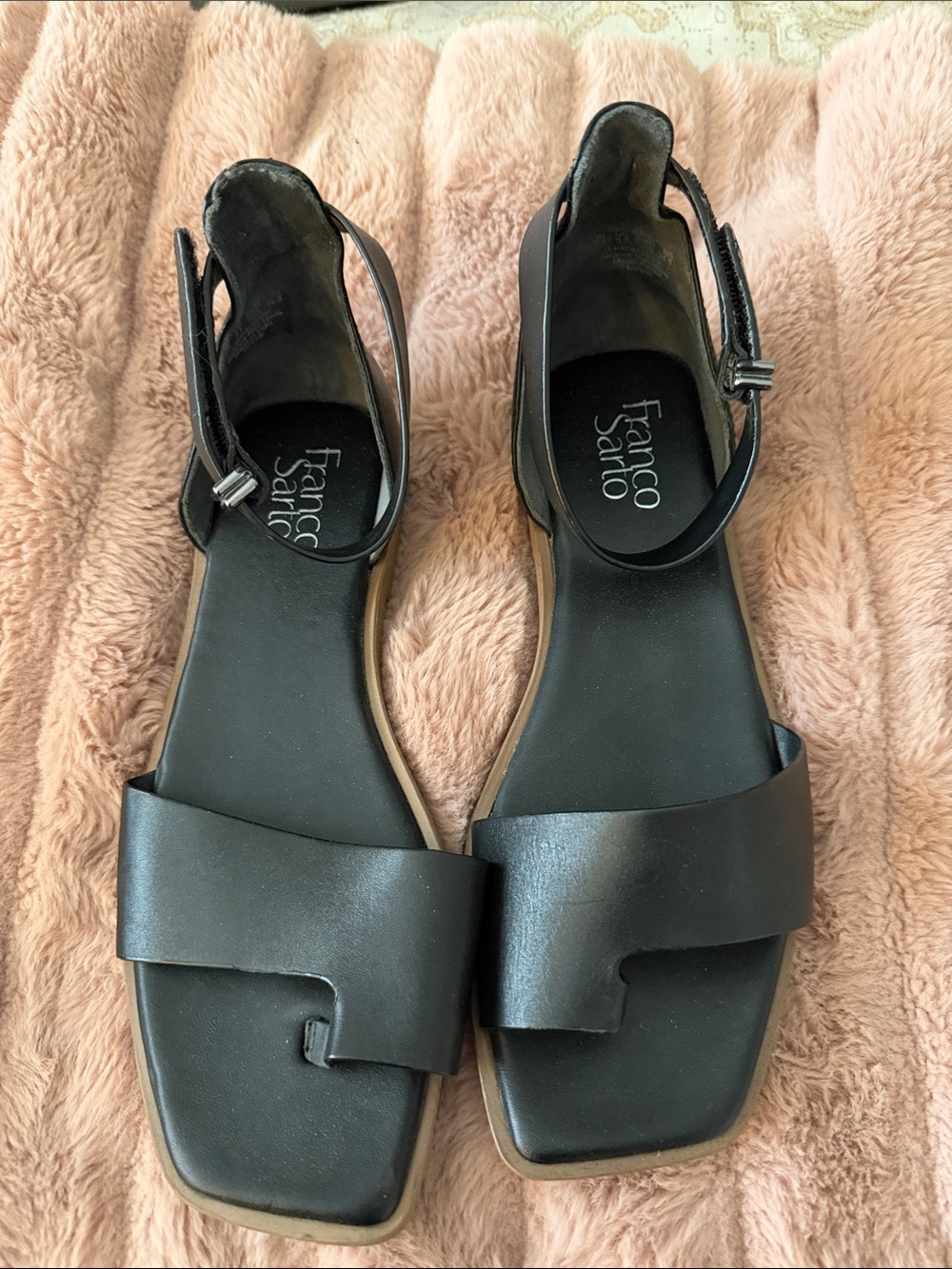 Franco Sarto Black Leather Square-Toe Ankle-Strap Sandals